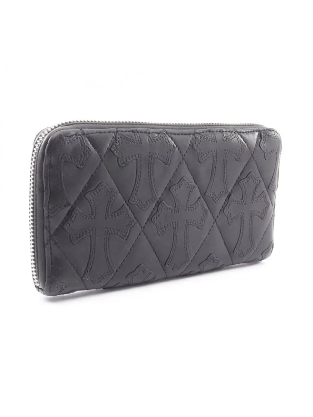 Chrome Hearts Round Wallet Cemetery Cross Patch Quilted Leather